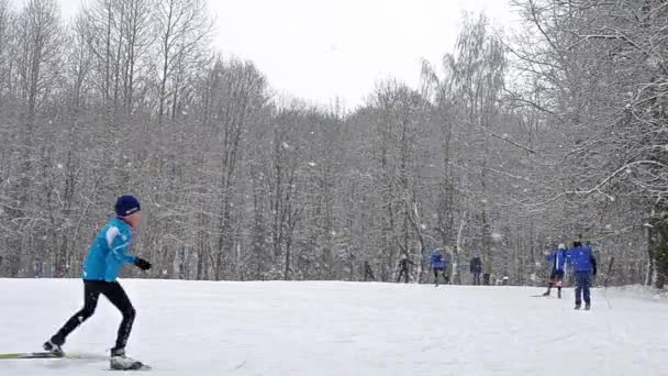 Junge Sportler müssen mit Skistöcken Ski fahren — Stockvideo