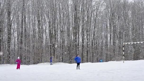 Junge Sportler müssen mit Skistöcken Ski fahren — Stockvideo