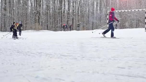 Uitgeruste skiërs skiën op PISTEMAKERS met skistokken — Stockvideo