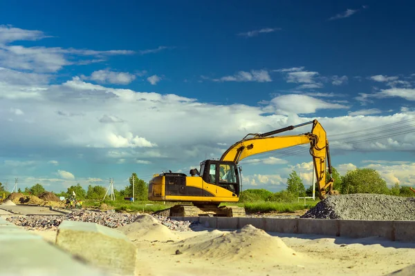 Excavator digging on construction high-speed road