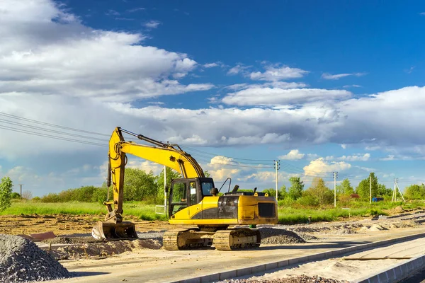 Excavator digging on construction high-speed road