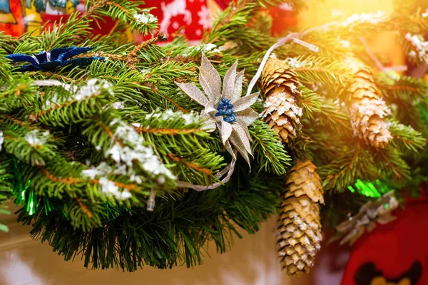 Ramos de abeto de Natal com decorações cones — Fotografia de Stock