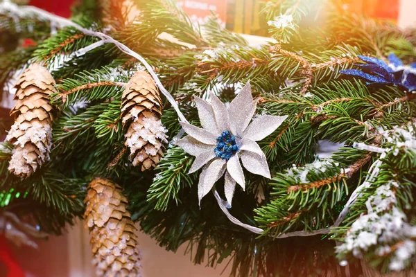 Ramos de abeto de Natal com decorações cones — Fotografia de Stock