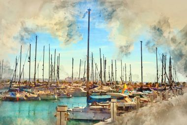 Puerto deportivo Marina Salinas. Yat ve tekne Park Marina Torrevieja içinde yerleştirin. Piers merkezinde tatil beldesi ile defne. Valencia, İspanya. Dijital suluboya resim