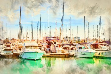 Puerto deportivo Marina Salinas. Yat ve tekne Park Marina Torrevieja içinde yerleştirin. Piers merkezinde tatil beldesi ile defne. Valencia, İspanya. Dijital suluboya resim