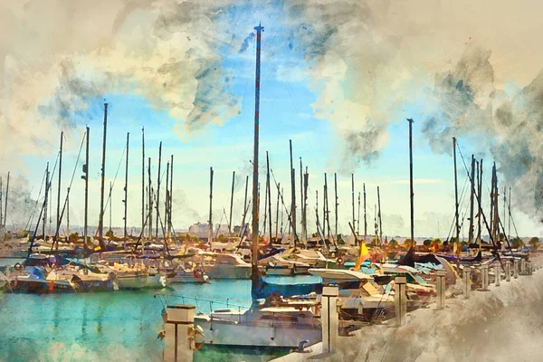 波多黎各拉科鲁尼亚滨海萨利纳斯 游艇和船只停泊在码头的瓦伦西亚 湾与码头在度假镇中心 瓦伦西亚 西班牙 数字水彩画 — 图库照片