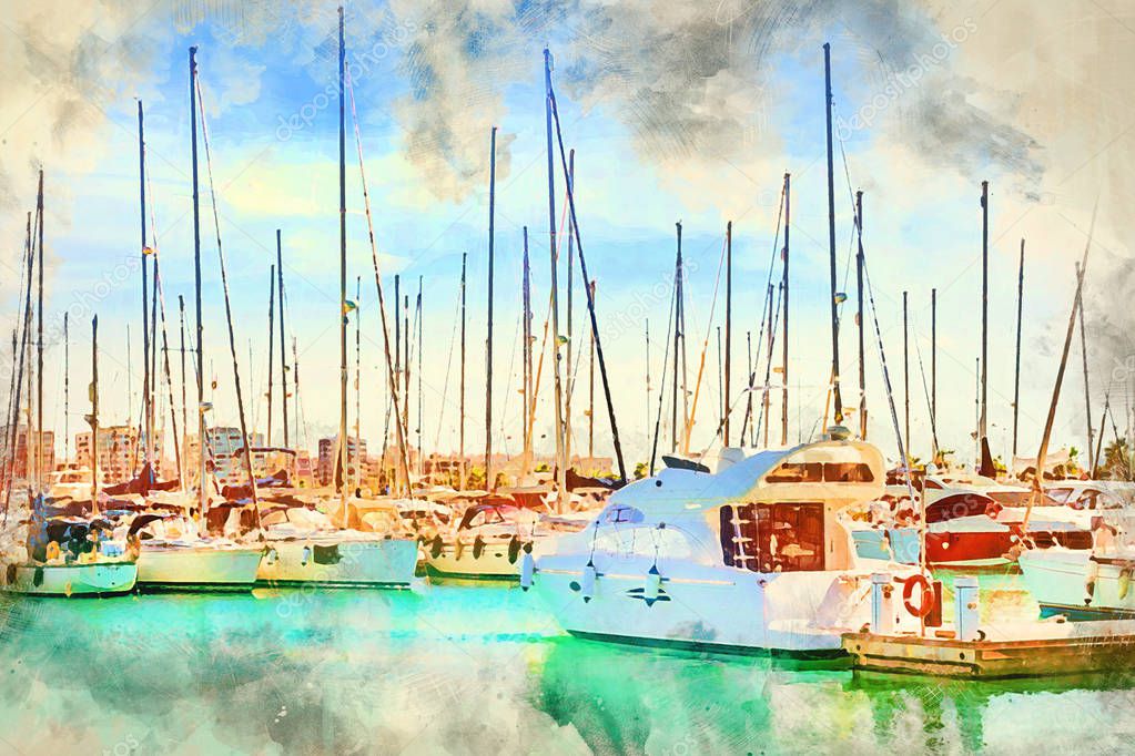 Puerto deportivo Marina Salinas. Yachts and boats parked at dock in Marina of Torrevieja. Bay with piers in centre of resort town. Valencia, Spain. Digital watercolor painting