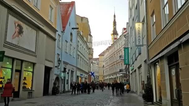 Turystów spacer, wyłączonej z ruchu kołowego ulicy Viru, Tallinn — Wideo stockowe