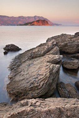Sanatsal deniz manzara günbatımı zaman, Budva Karadağ