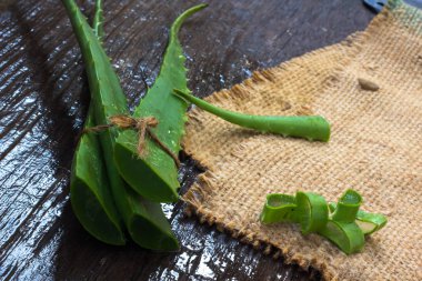 AloeVera taze yaprak üzerinde ahşap. Metin için yer