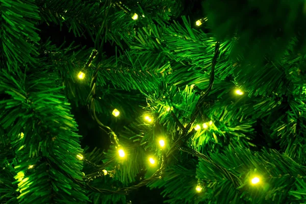 Kerstboom die versierd met gele lampjes — Stockfoto