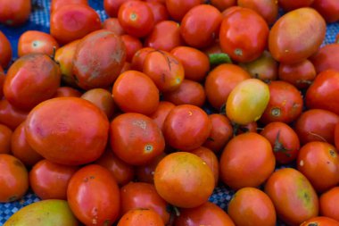 Lezzetli kırmızı domates. Domates yığını. Yaz tepsi Pazar bir