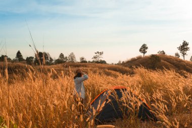 açık havada kamp çim highlands dağ günbatımında.