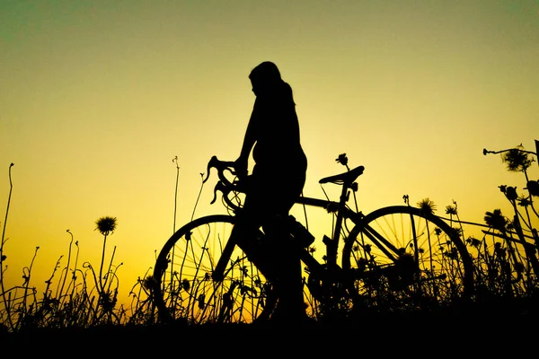 Silhouette Cyclist Friend Motion Background Beautiful Sunset — Stock Photo, Image