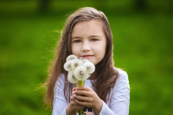 Niña oliendo un diente de león blanco en el parque de primavera — Foto de Stock