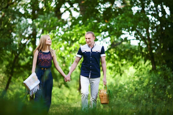 I kärlek par åka på picknick — Stockfoto