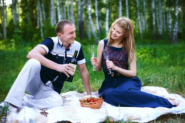 Homem e menina bebendo álcool no piquenique — Fotografia de Stock