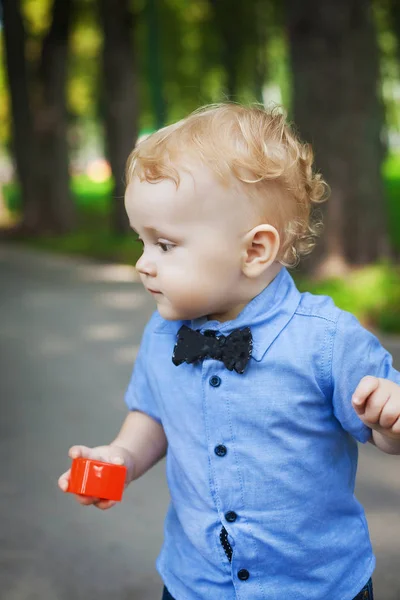 Menino feliz andando no parque no verão — Fotografia de Stock
