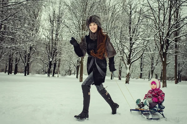 Мать катает ребенка на санях в зимнем парке — стоковое фото