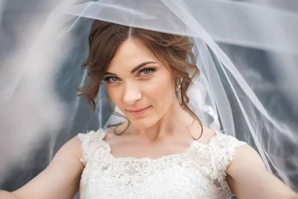 Портрет привлекательной невесты с вуалью на лице . — стоковое фото