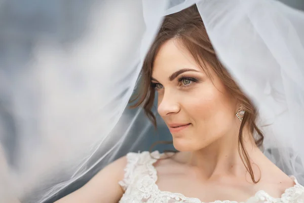 Портрет в профиль молодой улыбающейся невесты с вуалью на лице . — стоковое фото