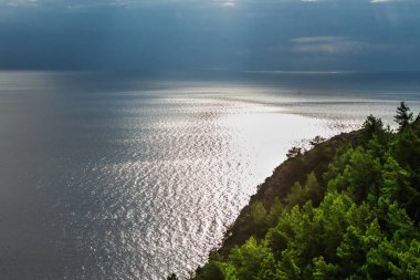 bir dağ, deniz ve bulutlu gökyüzü ağaçta toplayan
