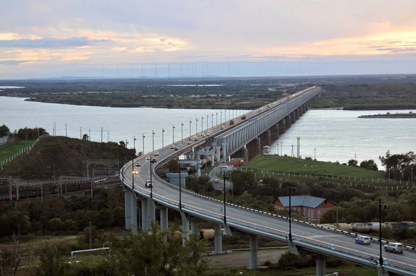 Ponte Khabarovsk Através Rio Amur Como Uma Nota Banco Mil Fotografia De Stock