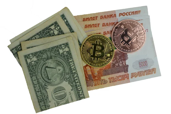 Deux Pièces Bitcoin Couleurs Différentes Sur Fond Roubles Russes Nous — Photo