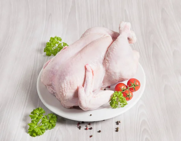 Fresh Whole Raw Chicken Wooden Background Royalty Free Stock Photos
