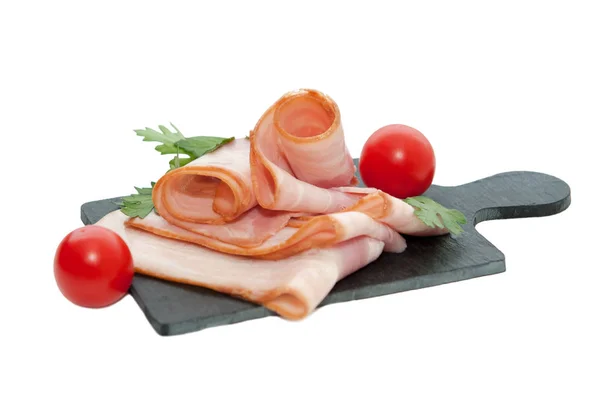 Slices Raw Bacon Black Stone White Background — Stock Photo, Image