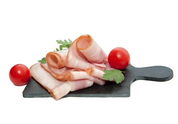 Slices Raw Bacon Black Stone White Background — Stock Photo, Image