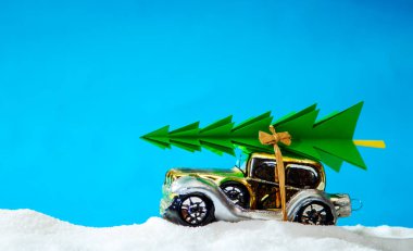 Bir arabanın çatısında bir Noel ağacı