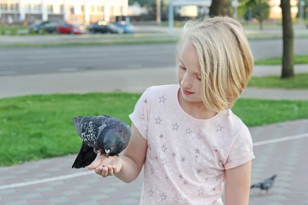 Chica joven alimenta a una paloma con las manos en la calle en la ciudad —  Fotos de Stock