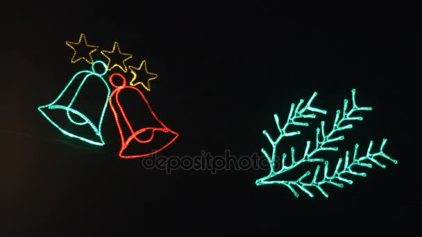 Glowing Bells Blink Dark Background Christmas Decorations Festive Lighting — Stock Video