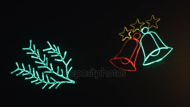 Glowing Bells Blink Dark Background Christmas Decorations Festive Lighting — Stock Video