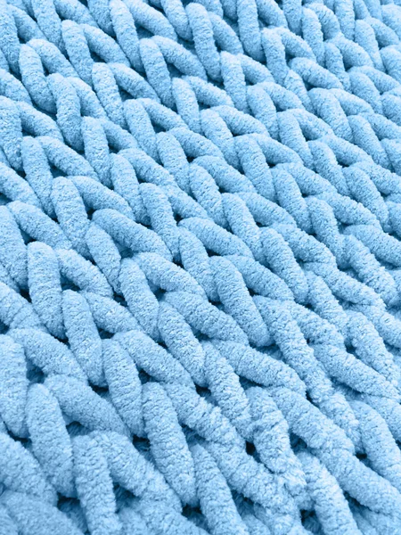 Вязание Толстой Мягкой Пряжи Голубого Цвета Фрагмент Крупным Планом Текстильный — стоковое фото