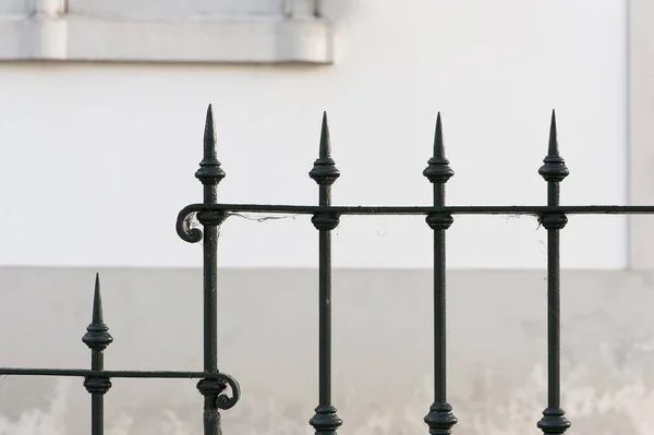 fragment of forged iron fence against bokeh house wall