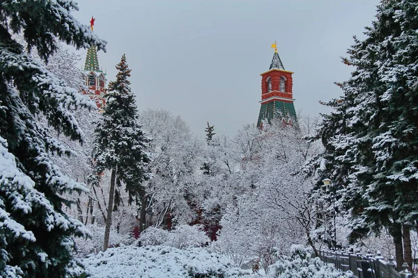 Věže Moskevského Kremlu a zasněžené stromy — Stock fotografie