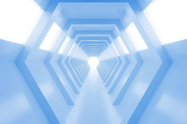 抽象的空酷蓝闪亮光隧道中结束。3d 渲染. — 图库照片
