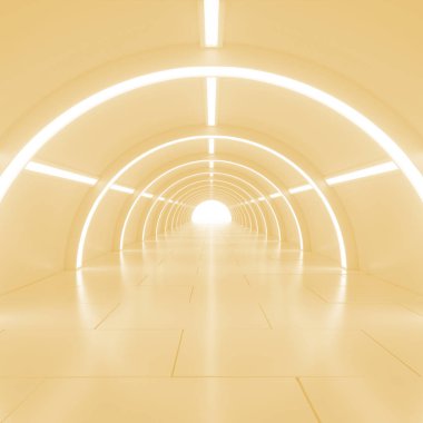 Soyut boş parlayan tünelin sonunda ışık ile. 3D çizim.