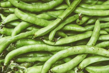 Engelli piyasada bir hasır sepet içinde organik doğal kusurlu sebze. Doğal ekolojik yeşil fasulye, baklagiller pazarda. Sağlıklı organik gıda için mükemmel arka plan.
