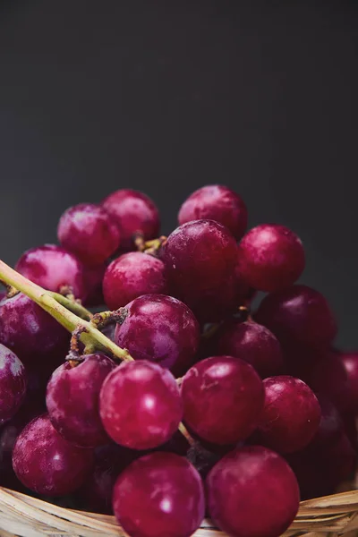 Bando de uvas roxas e vermelhas em uma cesta de vime em um fundo escuro. A colheita de uvas não lavadas em um cesto. Uvas orgânicas ecologicamente biológicas limpas da plantação são coletadas manualmente . — Fotografia de Stock