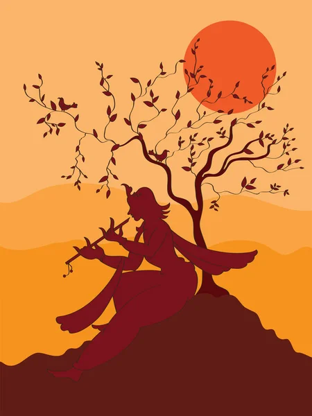 Krishna tocando la flauta bajo el árbol — Vector de stock
