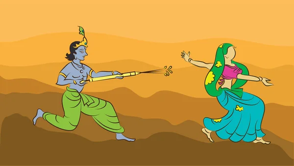 Krishna caligráfico jogando Holi com Gopi — Vetor de Stock