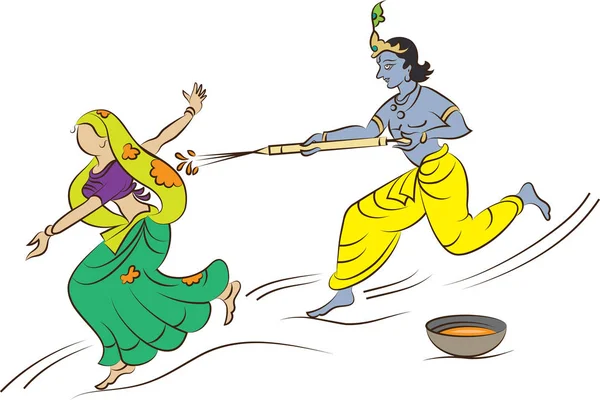 Krishna caligráfico jogando Holi com Gopi — Vetor de Stock