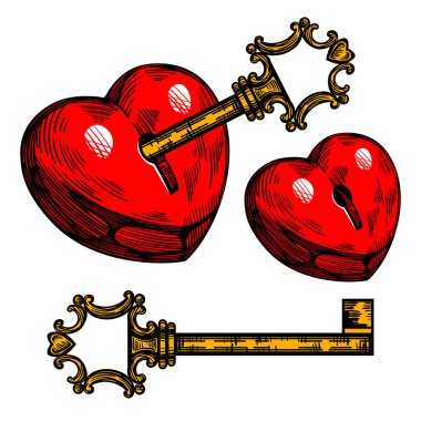 Eski bir anahtar ve kırmızı bir kalbin resmi.