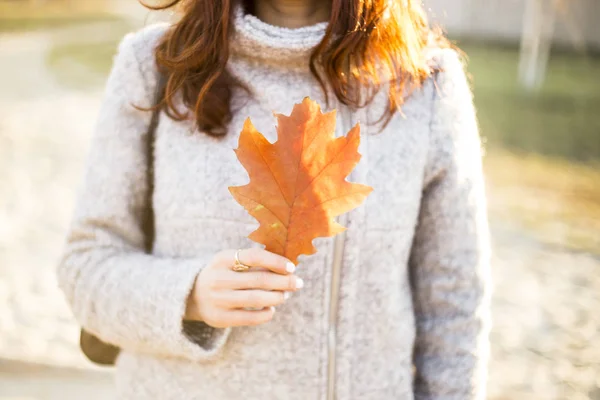 Fille aux cheveux roux dans un manteau gris et un chapeau bleu avec des feuilles d'automne jaunes. atmosphère. authentique — Photo