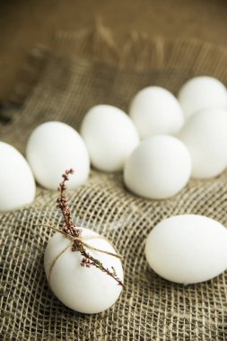 Beyaz yumurta kuru çiçekler ve pembe ip ile dekore edilmiş