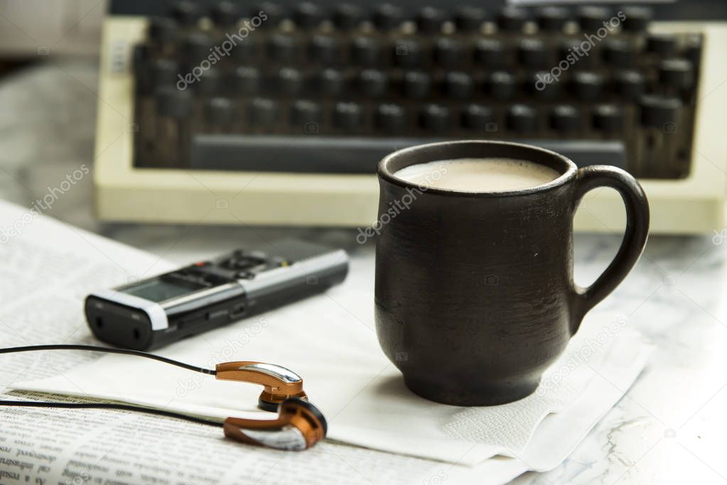equipment for journalist, copywriter, writer or poet for a cup of coffee