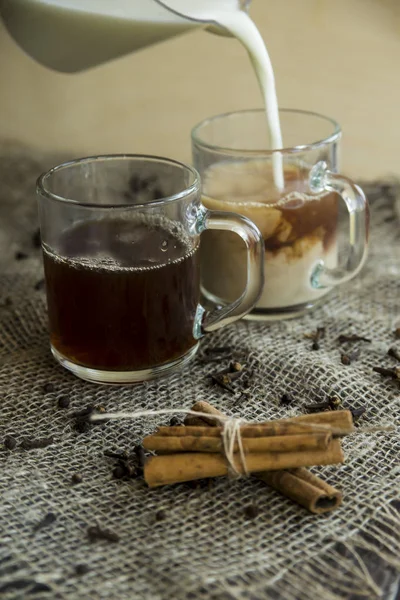 Masala čaj s mlékem a koření - skořice, hřebíček, pepř, kardamom a zázvor — Stock fotografie